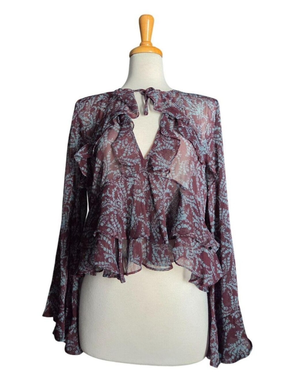 Olivaceous Maroon Floral Ruffled Bell Sleeve Blouse Women's M Boho Whimsigoth